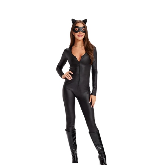 Tipsy Elves Cat Bodysuit Sz M Black Lightweight Zipper Jumpsuit Phone Pocket NWT - Picture 1 of 13